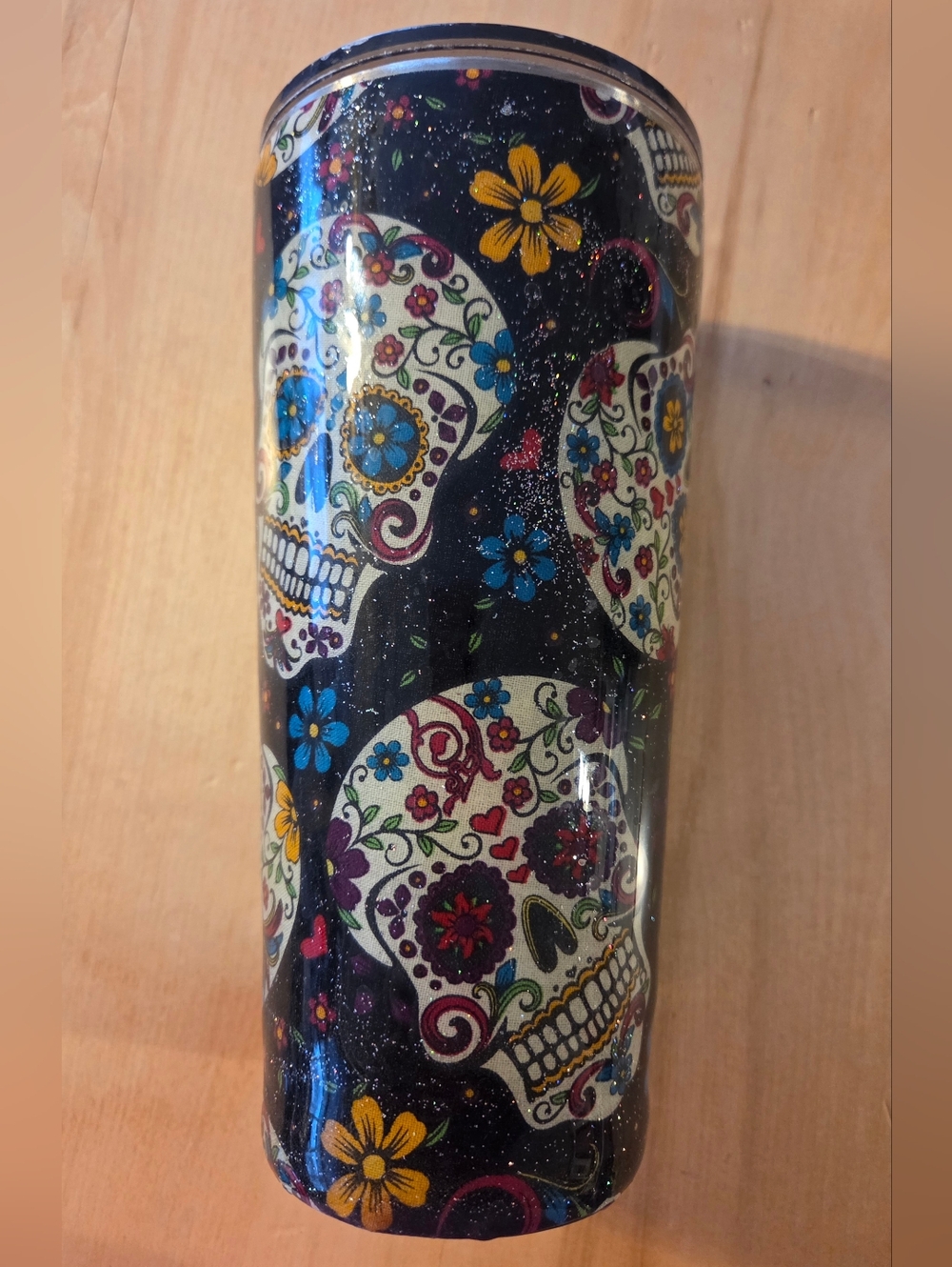 Sugar Skull Glitter Tumbler - Black with Multicolor Floral Design